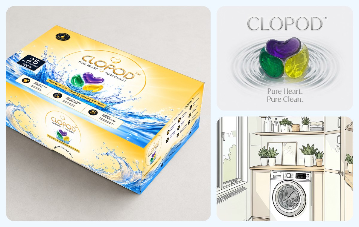 CLOPOD product box, detergent pod and laundry room